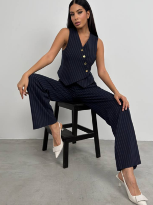 Women's V-Neck Double-Breasted Vest and Belted Trousers Suit